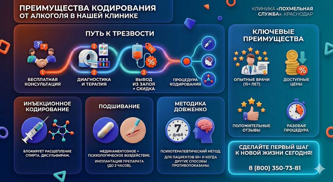 Инфографика о методах кодирования от алкоголя в Петухово: инъекции, подшивание, метод Довженко. Преимущества клиники и этапы лечения.